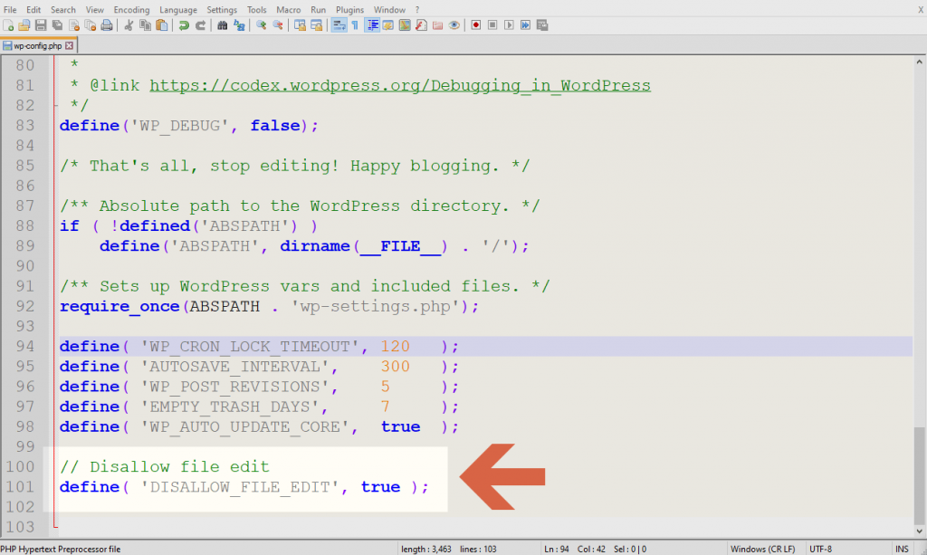How to add the file editor disabling code on the WordPress config file.