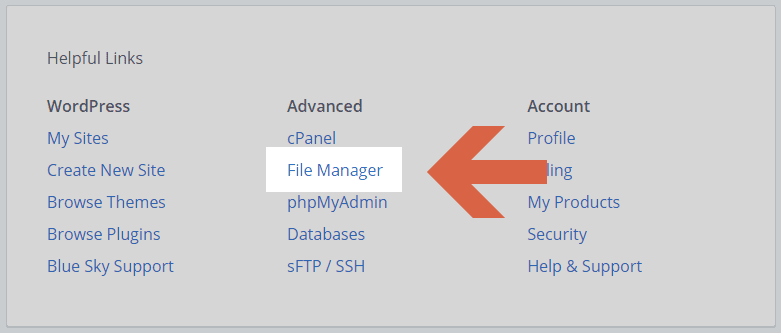 File Manager link straight from the dashboard