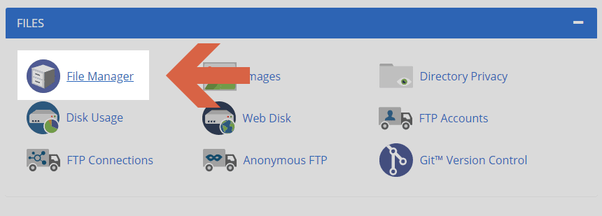 Files Manager under the FILES section of the cPanel