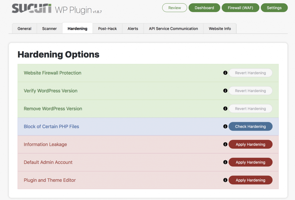 Hardening options of Sucuri WordPress security plugin
