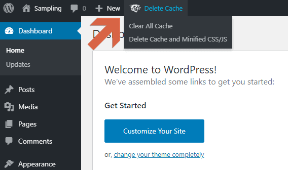 Delete Cache with the WP Fastest Cache from the admin top bar