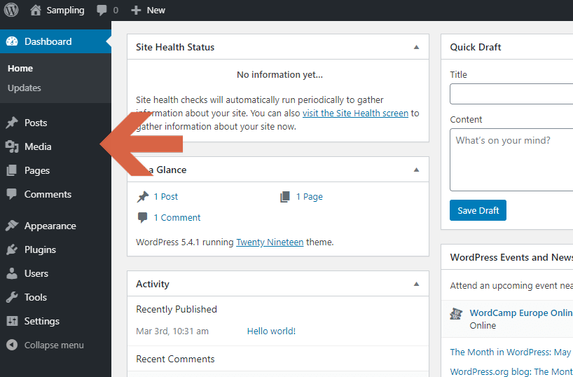 What are the WordPress functions accessible from the admin dashboard?