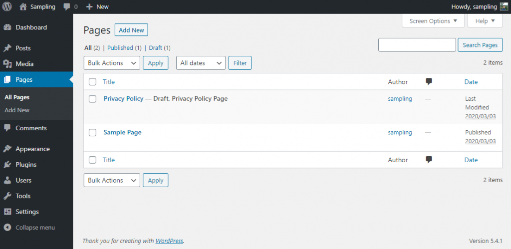 Pages section of WP admin