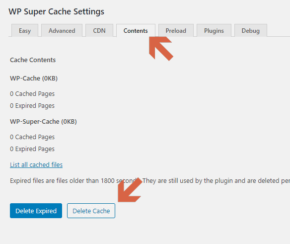 How to delete cache from Contents settings of WP Super Cache