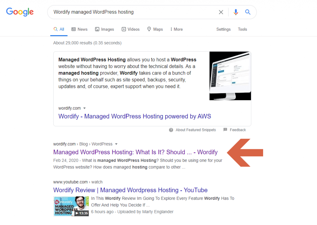 “Wordify managed WordPress hosting” Google search results