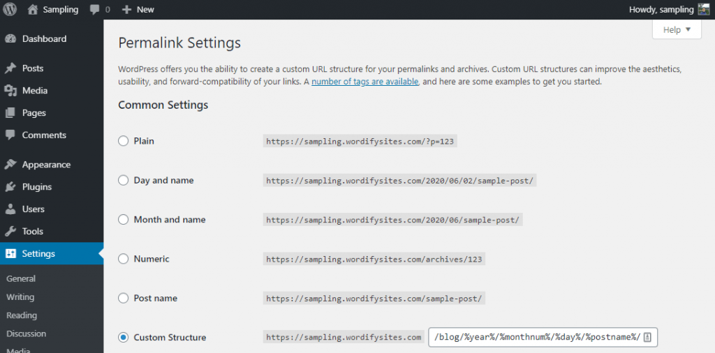 Permalink settings of WP admin