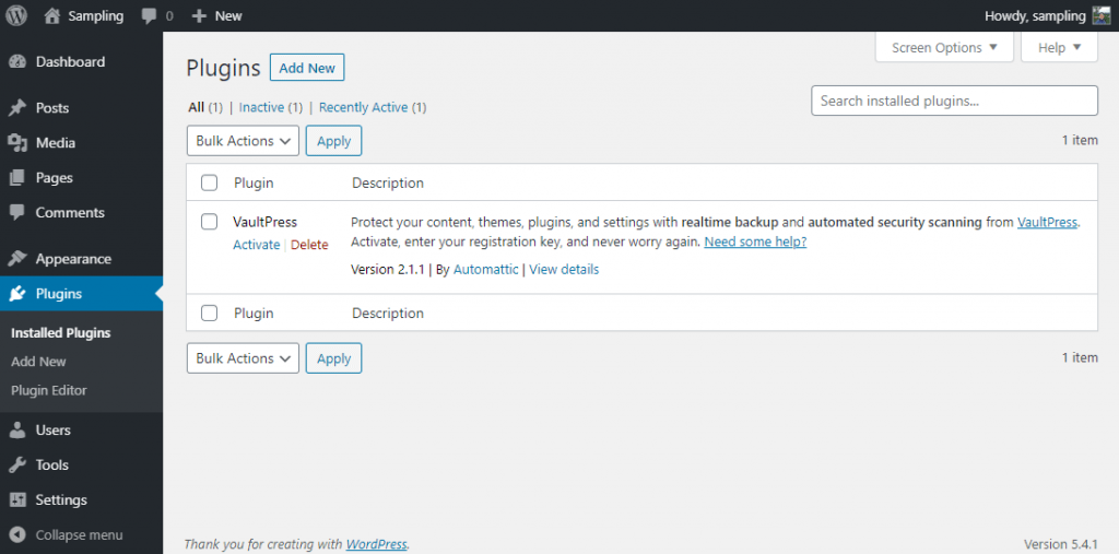 Plugins section of WP admin