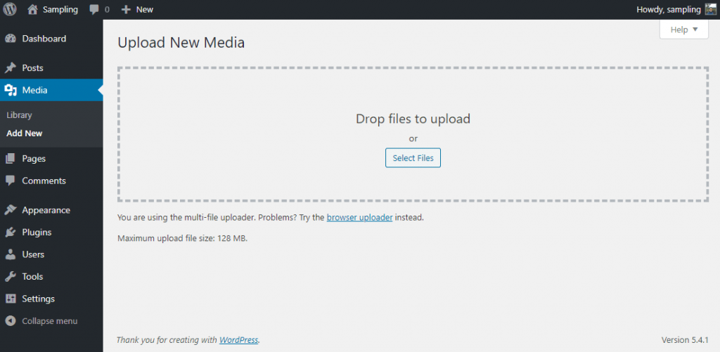 Uploading new media section of WP admin