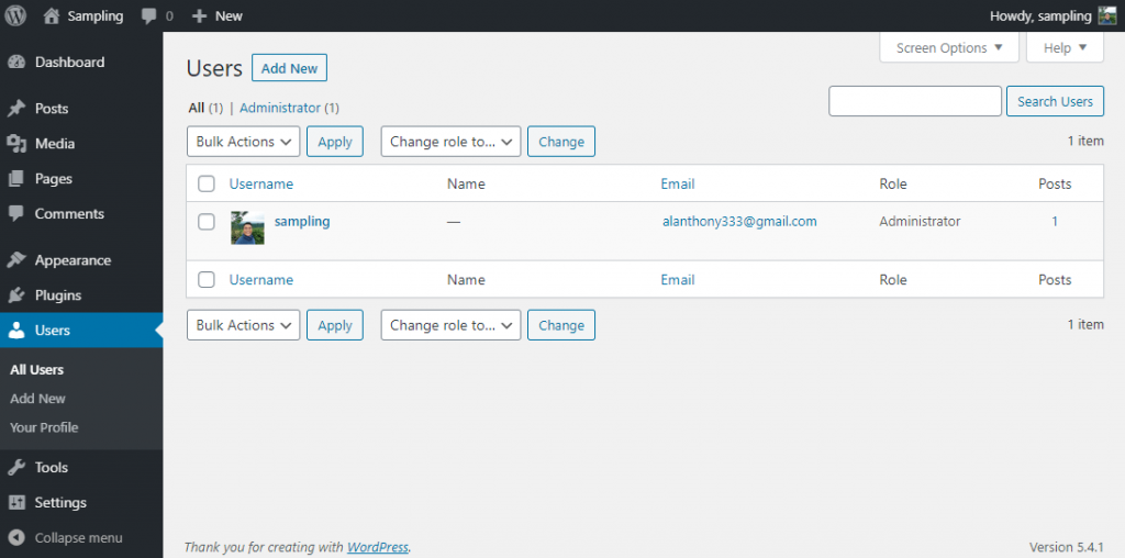 Users section of WP admin