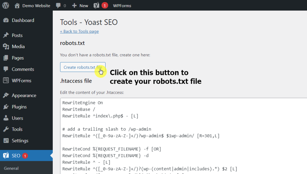 Click on the create robots.txt file on yoast