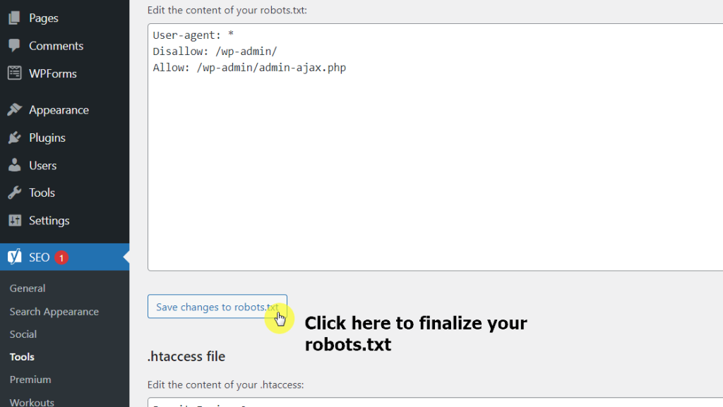 Click on the save changes to robots.txt button to finalize the file